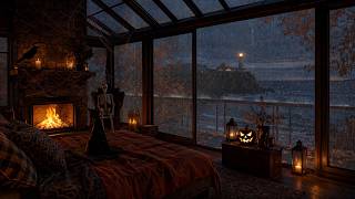 [No Ads] Rainy Autumn by the Sea | Rain Sounds, Ocean View & Cozy Fireplace for Deep Sleep 🍂🌧️🔥