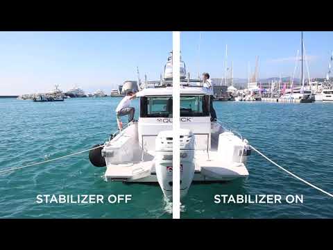 Axopar 28 Cabin with Quick Gyro X2 stabilizer for roll reduction in small fishing and trailer boats.