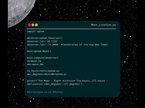 Python PyEphem - Get right ascension and declination of the moon