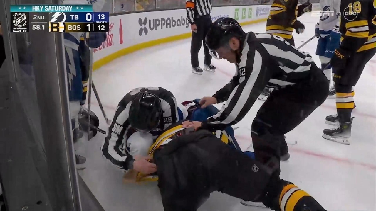 Bolts @ Bruins, 11th Apr 2026 - Charle-Edouard D'Astous roughing penalty on Jonathan Aspirot