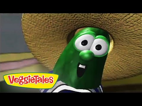 Larry the Cucumber from VeggieTales wearing a wide straw hat and smiling at the camera