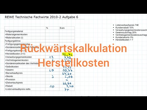 REWE Technische Fachwirte 2010-2 Herbst Aufgabe 6 - Rückwärtskalkulation, Herstellkosten