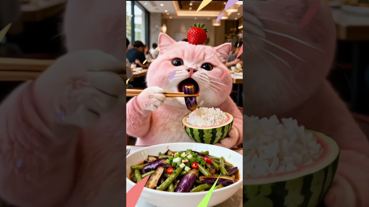 😹 Kucing Pink Gemoy Makan Terong & Nasi Semangka 🍆🍉 | Lucu Banget! #kucinglucu #shorts #viral
