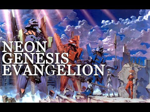 Neon Genesis Evangelion trailer frame showing Shinji in front of Eva-01 in the hangar