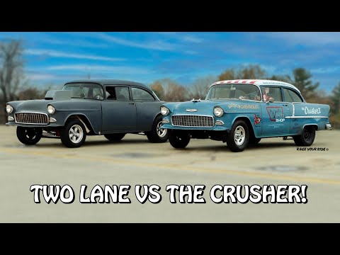 TWO LANE BLACKTOP VS THE CRUSHER II! RETRO '55 CHEVIES MATCH RACE! RAT VS MOUSE! BYRON DRAGWAY!