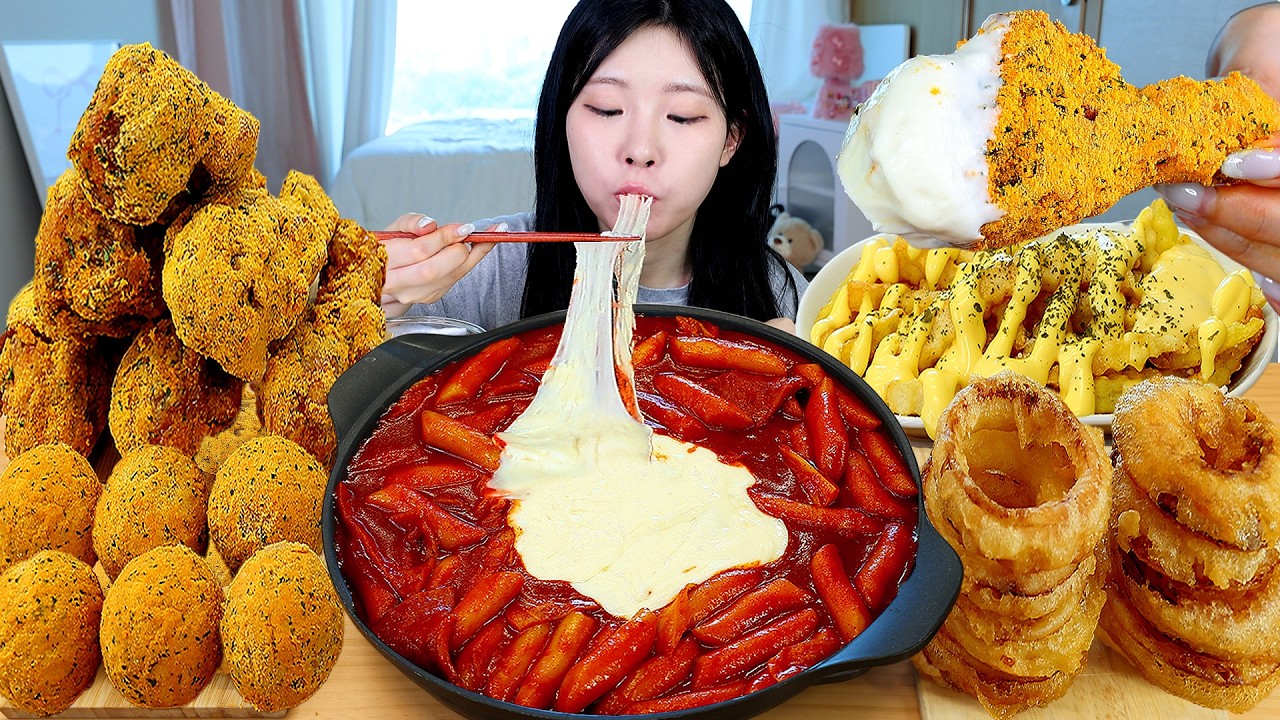 ASMR MUKBANG| 직접 만든 떡볶이 뿌링클 양념치킨 치즈볼 어니언링 먹방 & 레시피 FRIED CHICKEN AND Tteokbokki EATING