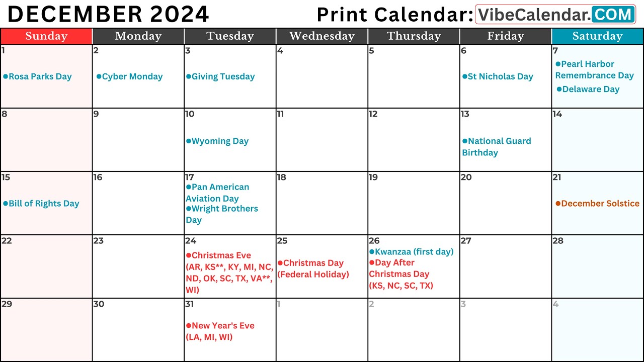 December 2024 Calendar with Holidays and Observances (All) #calendar #december #holiday
