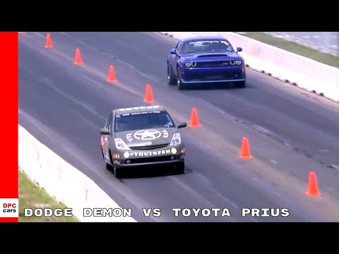 Dodge Challenger Demon vs Toyota Prius With Hellcat Engine Drag Race