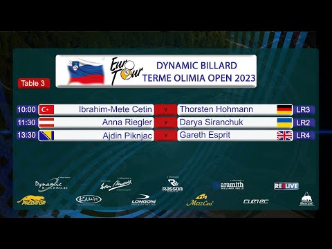 Table 3; Dynamic Billard Terme Olimia Open 2023 powered by EPBF & Reelive Sunday morning.