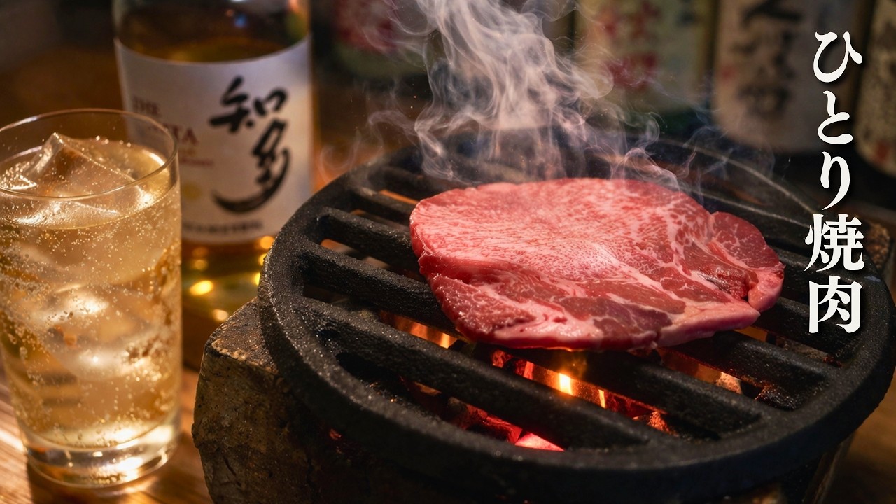 深夜の1人呑み。炭火で牛タンとカルビを焼く夜