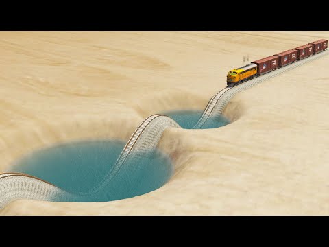Impossible Water Pothole Rail Tracks Vs Trains Crossing Giant Pit - BeamNG.Drive