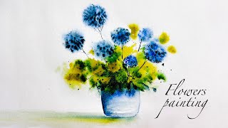 painting of blue candlestick flowers . watercolor technique painting