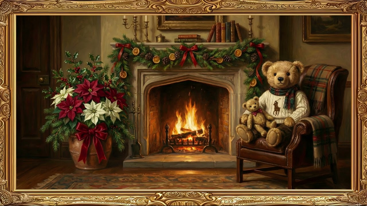 Classic Teddy Bear Christmas Fireplace Gold Frame TV Art | 2 Hours 4K — 4K ambient art screensaver in baroque gold frame