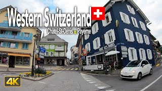 Drive across Western Switzerland on a gloomy day from Châtel-St-Denis to Payerne