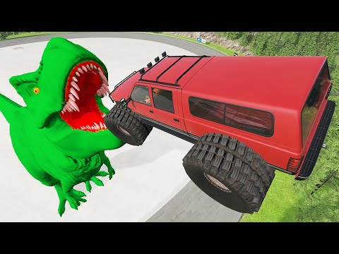 Crazy High Speed Cars Jumps Over Green T-rex - Beamng.Drive