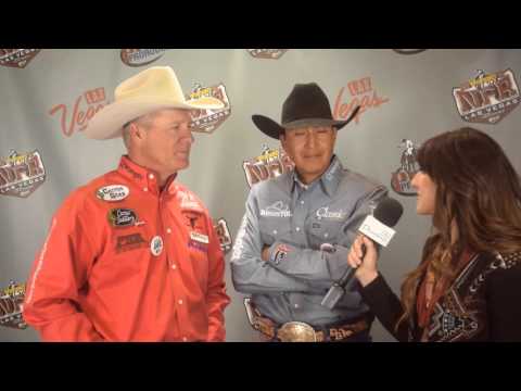 Round 2 NFR Team Roping Winners Clay O'Brian Cooper and Derrick Begay with Bonnie Gore