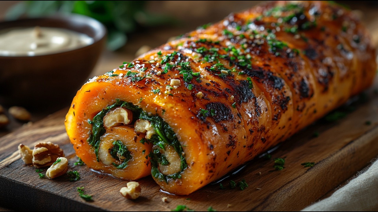 Vegane Süßkartoffel-Roulade mit Spinat und Walnüssen by Gesunde Rezepte — recipe photo
