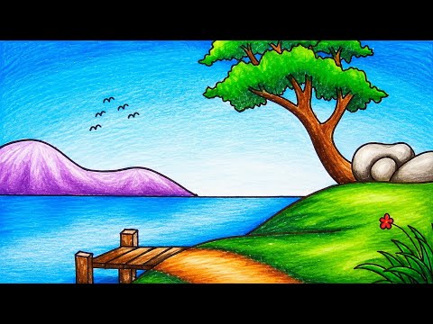 Simple Nature Scenery Drawing for Beginners | How to Draw Easy Scenery of Garden in the Sea Beach