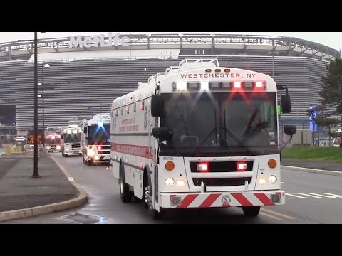 21 Medical Ambulance Buses Responding Into The Staging Area At A MCI Drill 4-25-17
