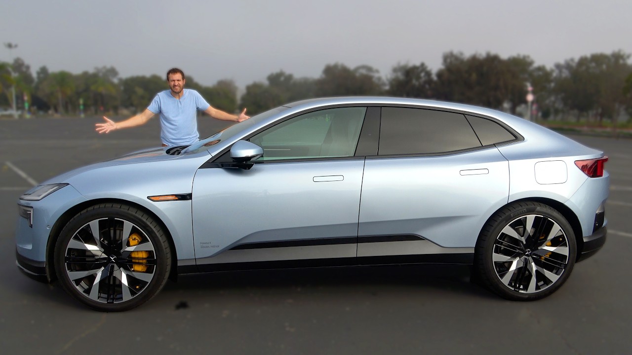 Doug DeMuro standing next to the 2026 Polestar 4 showing the rear of the car where a back window would normally be