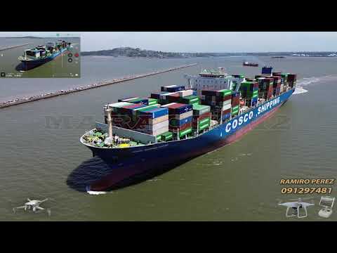 VIDEO DRON MINI 3 SALIDA DE GRAN PORTACONTENEDORES DEL PUERTO DE MONTEVIDEO Y VISTAS OBRAS ENTRADA.