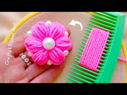 It's so Cute 💖🌟 Super Easy Woolen Flower Making Idea with Hair Comb - DIY Hand Embroidery Flowers