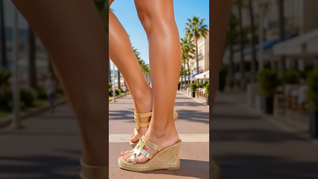 Mules compensées cuir doré élégantes — Aperçu vidéo