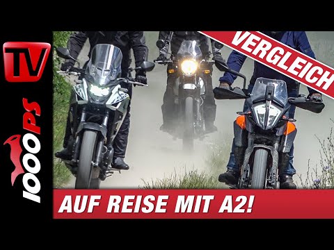 A2 Reise Enduros von Honda, KTM, Royal Enfield  im Vergleich auf Straße und Schotter