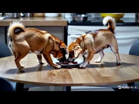 Twin dogs trying to figure out their own food