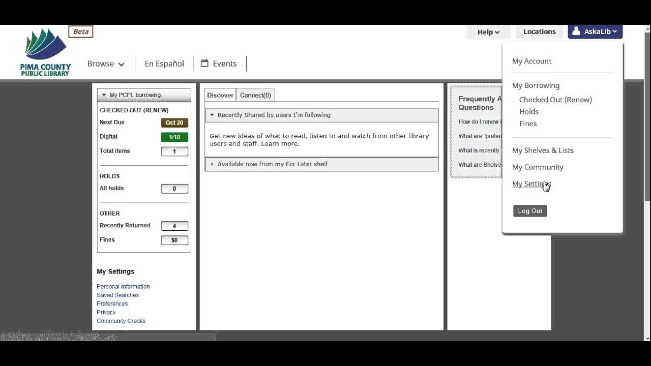 Pima County Public Library Website My Account Overview