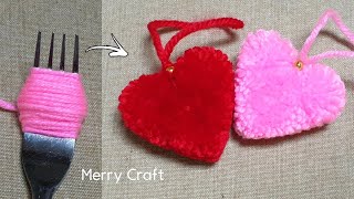 Easy Pom Pom Heart Making Ideas with Fork - Amazing Valentine's Day Crafts - How to Make Yarn Heart