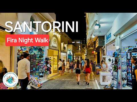 Fira, Santorini - Greece 🇬🇷 Night Walk in 4K Ultra HD with Captions