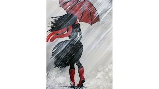 A Girl Walking in the Rain Acrylic Painting on Canvas for Beginners