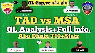 tad vs msa t10 match dream11 teamof today match| abu dhabu vs samp army dream11 prediction