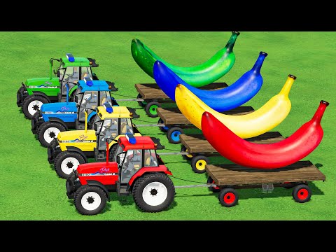 TRANSPORT BANANA & WATER TANKER WITH CASE POLICE TRACTORS & COLORED TRAILERS & TESLA TRUCK! FS22