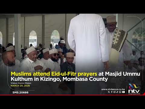 Muslims attend Eid‑ul‑Fitr prayers at Masjid Ummu Kulthum in Kizingo, Mombasa County