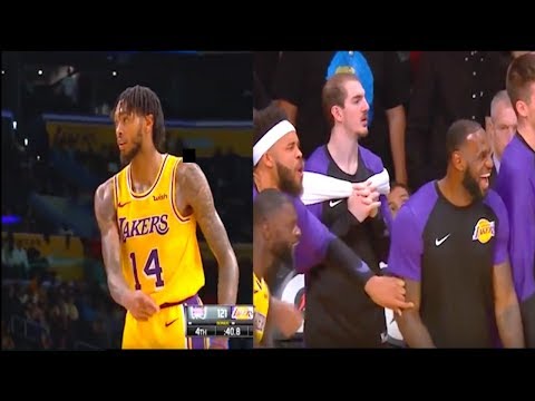 Brandon Ingram deflects inbound pass 3 straight times and then steals ball; Lakers bench goes crazy