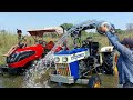 Swaraj 843Xm Tractor And Solis 4WD Tractor Washing In River With Rotavator | Tractor Cartoon Video |