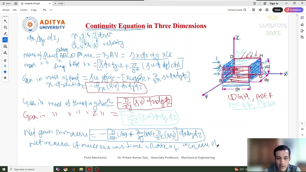 Lecture 44 #Continuity #Equation for #Cartesian Coordinate System for #3D fluid flow