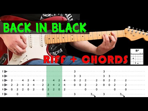 BACK IN BLACK - Guitar lesson - Intro riff + chorus chords (with tabs) - ACDC Video