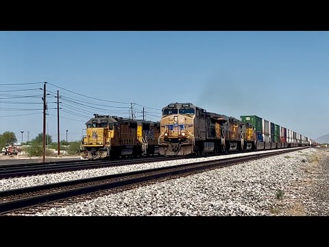 UP 5598 with a nice horn salute and more wide open stack cars, Casa Grande AZ 9-13-25