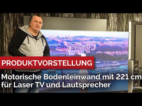 221 cm breite motorische Bodenleinwand für Laser TV und Lautsprecher - hier seht ihr die Details.