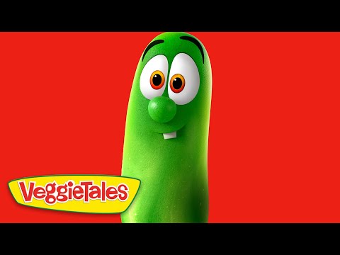Larry the Cucumber from VeggieTales against a red background with the VeggieTales logo in the corner.