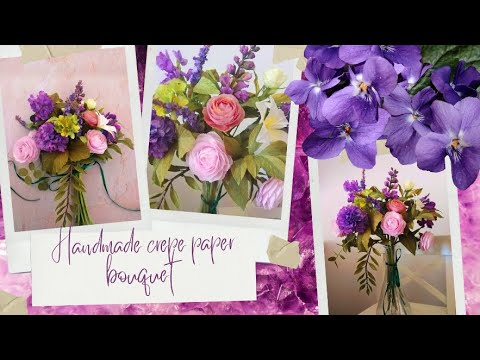 Handmade crepe paper bouquet with hoary vervain, dark purple hydrangea, foxglove, white lily...