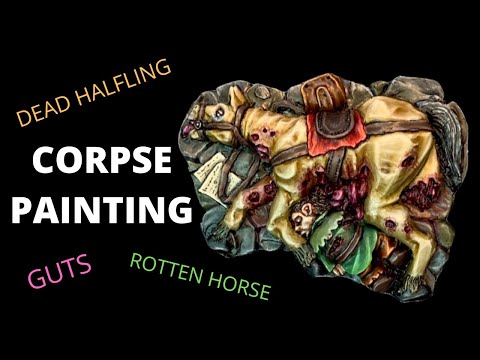 Corpse painting - dead halfling and horse. Miniature casualties for wargames