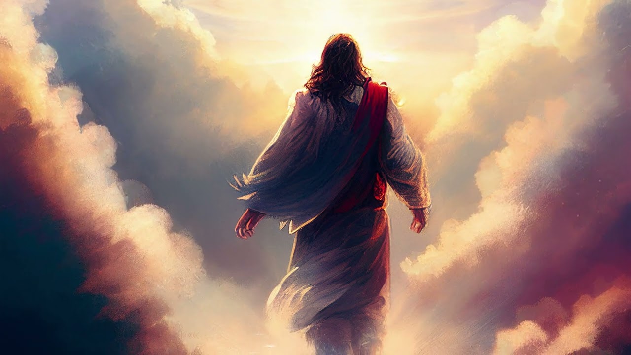 Painted Resurrected Jesus Christ Risen Walking Through Colorful Clouds On Easter 4K Christian Loop