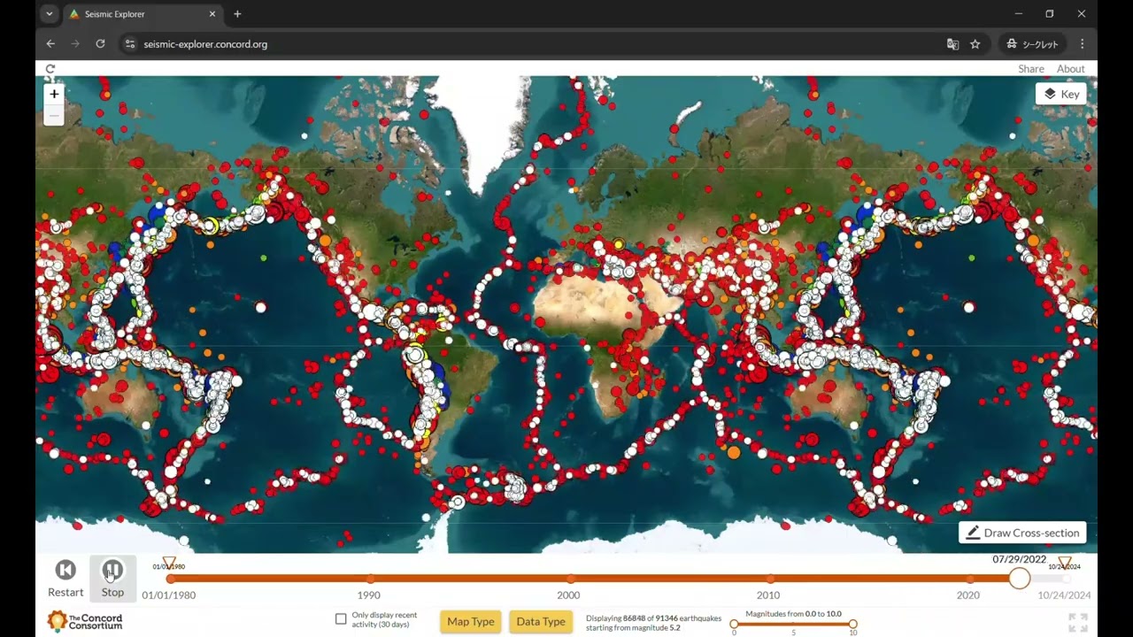 世界各地で起きた地震をマグニチュードや期間で絞り込んで3D 世界各地で起きた地震をマグニチュードや期間で絞り込んで3D