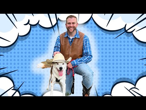 Man in a blue plaid shirt and brown vest kneels with a dog wearing a cowboy hat, against a blue comic-book backdrop with clouds and polka dots.