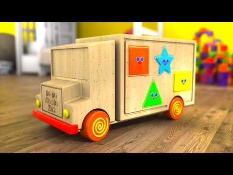 לימוד צורות וצבעים עם מכונית עץ. סרטון חינוכי לילדים