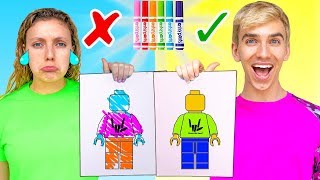 3 Marker Challenge Sis VS Bro!! (Learn How to Draw LEGO, Pokemon, Train Your Dragon)